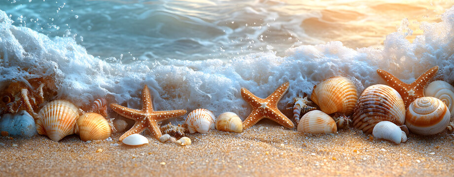 Seaside Treasures Seashells and Starfish on a Golden Sandy Beach at Sunset - Powered by Adobe