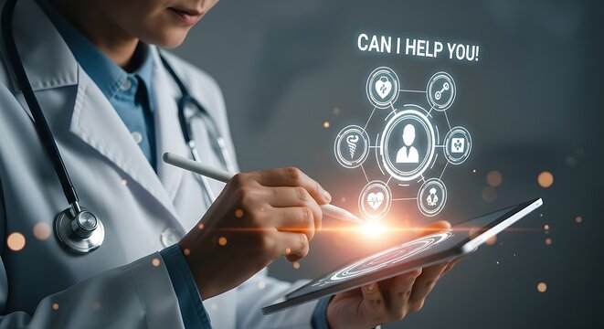 Doctor interacting with digital medical interface healthcare