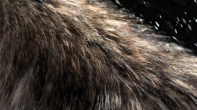Extreme close-up of wolf fur saturated with water, each guard hair standing defined while droplets scatter; a hypnotic macro texture for backgrounds, design layers and nature‑first brand aesthetics.