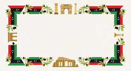 Decorative frame featuring Libyan flags, olive branches, and Roman architectural elements, creating a border around a blank center.