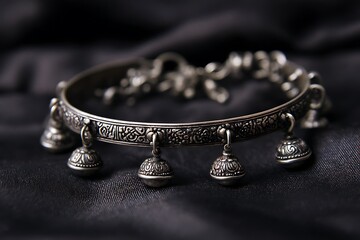 Old silver anklet with engraved tribal patterns and tiny bell charms, photographed on dark silk