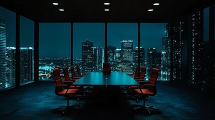Modern design meets urban scenery in this conference room.