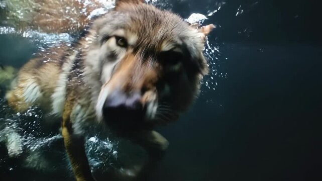 Side profile of a wolf swimming below the surface, whiskers shimmering with bubbles as paws glide; lyrical, immersive wildlife footage that suggests freedom, resilience and quiet determination.