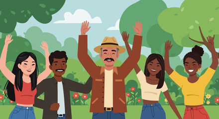 Illustration of diverse people celebrating outdoors in a park with festive atmosphere.