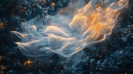 Ethereal golden strands intertwining with a cool, shadowy forest ambiance