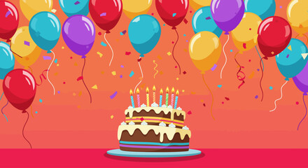 illustration of a birthday celebration with balloons, cake, and confetti in a festive design.