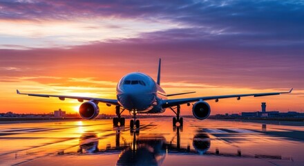A passenger airplane is seen on the runway at sunset, reflecting the colorful sky.