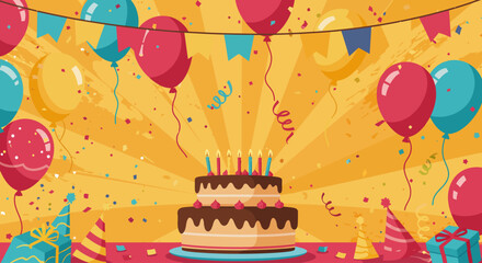 illustration of a birthday celebration with balloons, cake, and confetti in a festive design.