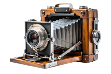Vintage wooden bellows camera on cutout png antique isolated on a transparent background