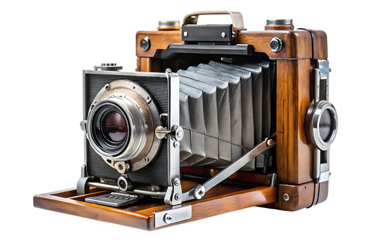 Vintage wooden bellows camera on cutout png antique isolated on a transparent background