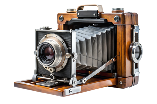 Vintage wooden bellows camera on cutout png antique isolated on a transparent background