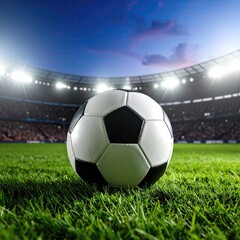 Soccer ball on a stadium field at twilight
