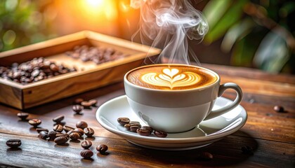 Hot latte steaming, art, wooden tray, coffee beans