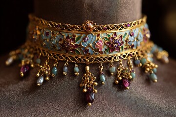 Vintage choker with delicate enamel work, decorated with miniature gemstones and dangling charms
