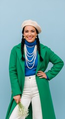 Smiling Woman with Braids and Beret in Green Coat with Flowers
