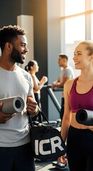 Fit Couple at the Gym with Yoga Mats and Gym Bag