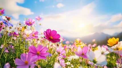 Beautiful Field of Colorful Flowers Under Bright Blue Sky and Sunshine at Sunset in Nature Landscape