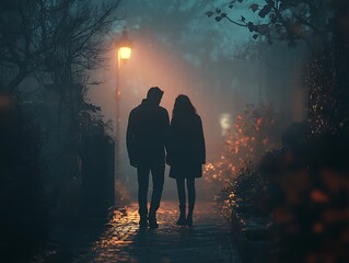 Romantic encounter, couple strolling hand-in-hand through a foggy, tree-lined path at night