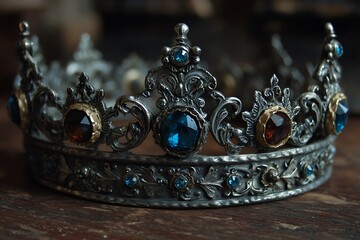 Vintage crown with gemstone details, intricate carvings, and aged metallic shine