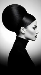 Dramatic black and white portrait of a woman with an elaborate beehive hairstyle, showcasing elegance and timeless beauty, perfect for fashion and beauty concepts