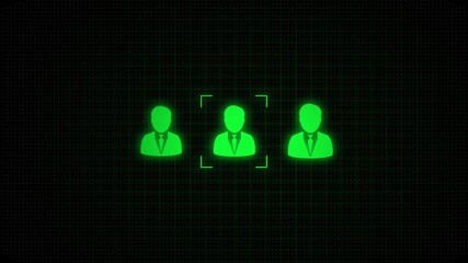 Digital identification scan of business people icons on a dark grid background with glowing green outlines and targeting squares representing facial recognition technology and data analysis concepts - Powered by Adobe