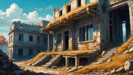  ゲーム背景　廃墟となったビルホラー現代風景