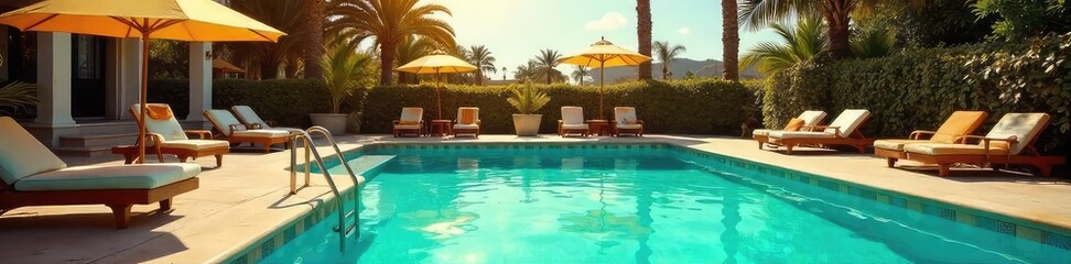 Obraz premium Sun-drenched vintage pool scene, turquoise water sparkling, classic poolside furniture and palm trees creating a retro atmosphere of summer relaxation , luxury, swimming