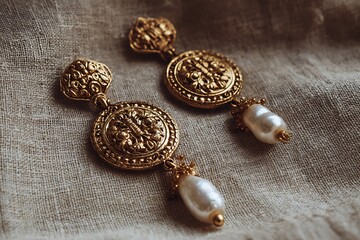 Vintage gold earrings with dangling pearls and intricate carvings, shown against a textured linen background