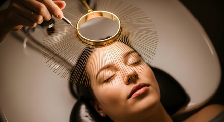 A cosmetology procedure Examining the scalp of a woman with a specialized magnifying tool for hair and scalp diagnosis in the salon