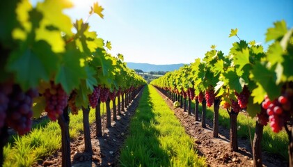 Sun-Drenched Vineyard Harvest Workers Carefully Gather Ripe Grapes for Winemaking, Rows of Lush Vines Stretching to a Clear Blue Horizon