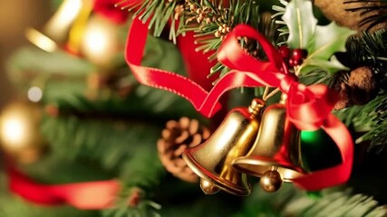 Close up of golden bells with red ribbon hanging on christmas tree branch decoration festive scene christmas bell video - Powered by Adobe