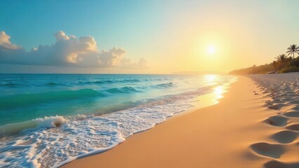 Obraz premium Golden Sunset Beach Scene Ocean Waves Gently Kissing the Sandy Shore at Day's End