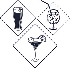 Silhouette icons depicting beer wine and cocktail glasses in a set