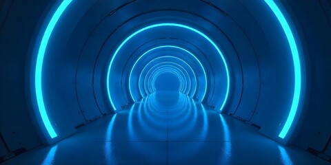 Obraz premium A futuristic tunnel with blue neon lights, the tunnel is dark, and the lights create a sense of depth; the floor is reflective 