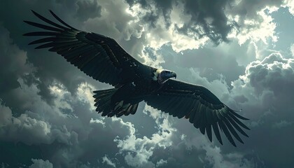 Dark bird of prey soaring in dramatic sky
