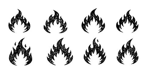 Naklejka premium Fire flame icon. Brush grunge illustration. Crayon vector paint logo. Graphic background. Spray fire symbol. Doodle y2k flame. Hot crayon texture grafitti. Heat shape, abstract stroke, sketch tattoo 