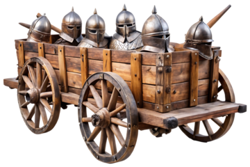 Wooden cart filled with medieval helmets and armor cutout png isolated on a transparent background