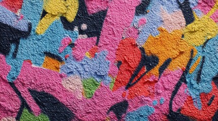 Bright abstract graffiti spray paint on a textured wall surface.
