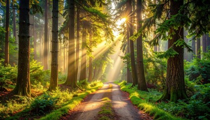 Fototapeta premium Sunlight streams through a forest canopy, illuminating a dirt path winding through tall trees with lush green foliage, creating a vibrant, natural landscape scene and peaceful atmosphere.