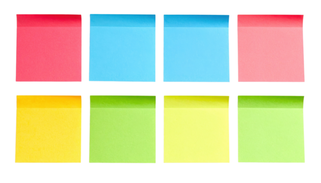 A grid of colorful sticky notes in various hues arranged in two rows.
