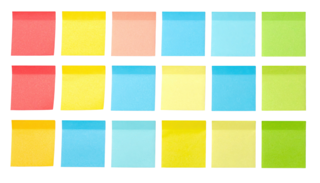 A vibrant array of square sticky notes in various colors arranged neatly in a grid pattern.