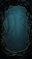 Dark forest with twisted branches forming a creepy Halloween frame