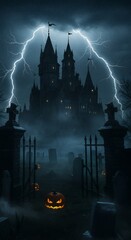 Gothic castle in the distance with lightning flashing, spooky Halloween atmosphere
