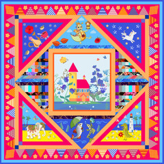 Design for children's scarf, napkin with cute fish, dino, elephant, crocodile, fairy house and teapot. Elegant patchwork carpet. Colorful quilt
