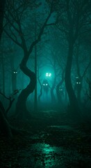 Halloween night forest with crooked trees, glowing eyes peeking from the shadows