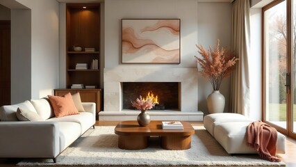 Fototapeta premium Modern minimalist living room interior design with a cozy fireplace, neutral color palette, and natural textures featuring a stylish sofa and ottoman