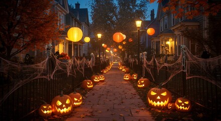 Halloween street scene decorated with pumpkins, spider webs, and lanterns