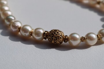 Vintage pearl necklace with gold clasp decorated in intricate carvings