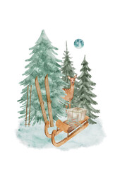 Ready-made digital watercolor scene featuring a sled, skis, and pine trees in a snowy forest. Great for winter sports themes, holiday travel graphics, and rustic outdoor adventure. 