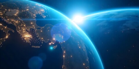 Obraz premium Planet Earth with city lights at night, digital network connections, bright sun in space, blue background